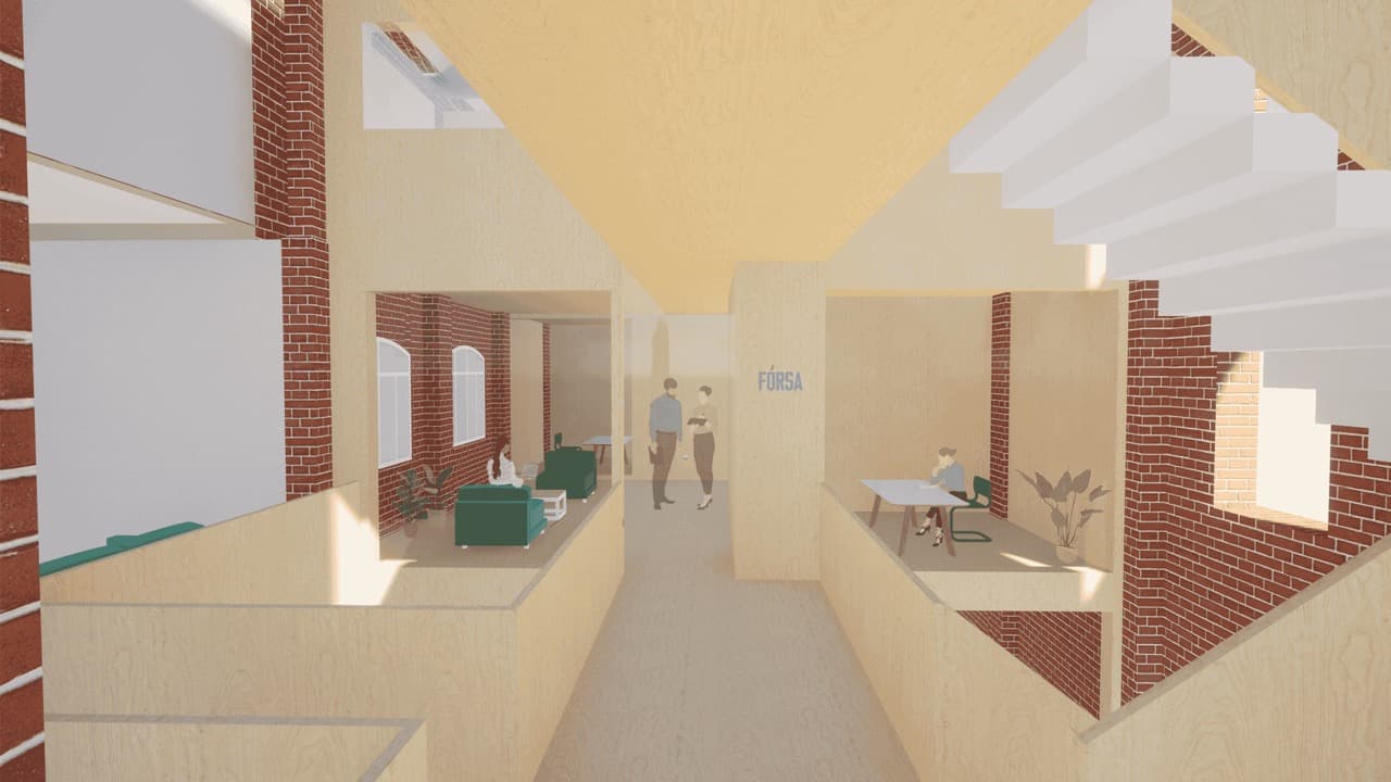 Main concept image for the flexible workplace interior and its spatial strategy.